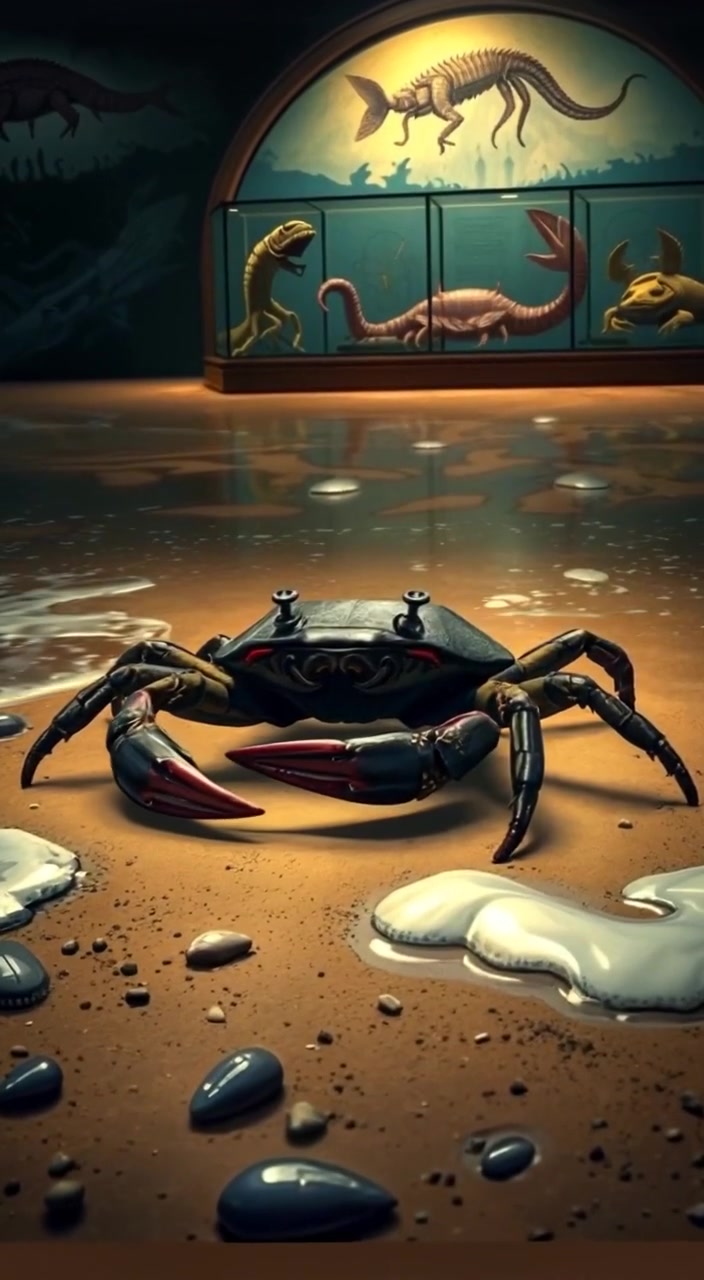 The horseshoe crab gently moves its legs as waves softly lap around it on the sandy beach.
