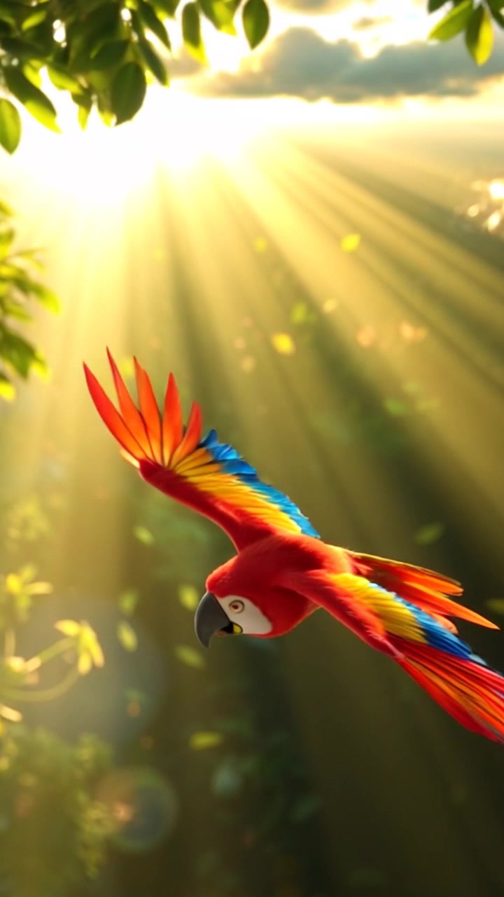The Parrot in flight with wings wide open, sunlight reflecting off its vivid plumage like a rainbow.