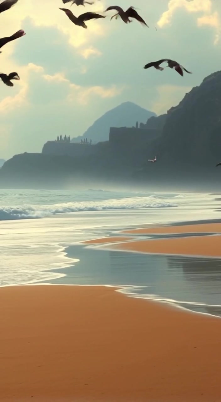 Waves gently lap at the sandy beach while birds gracefully soar overhead against a clear blue sky.