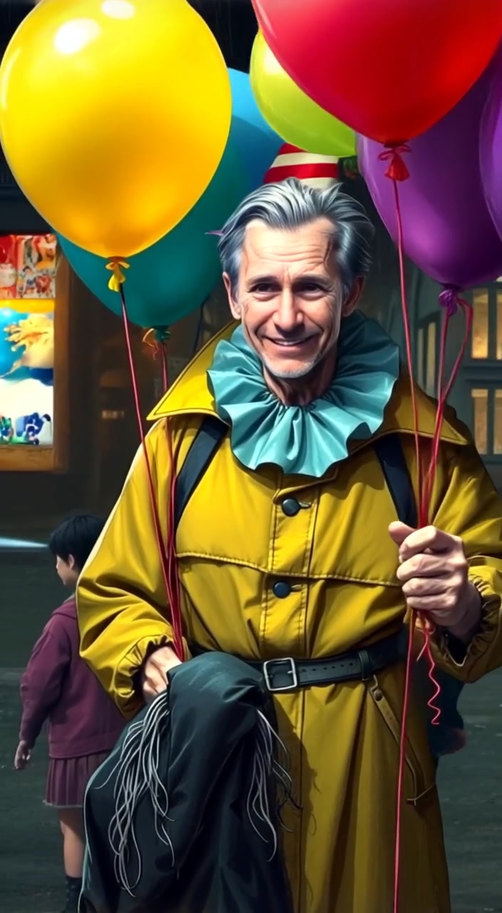 The clown gently waves colorful balloons while children laugh and play in the background.