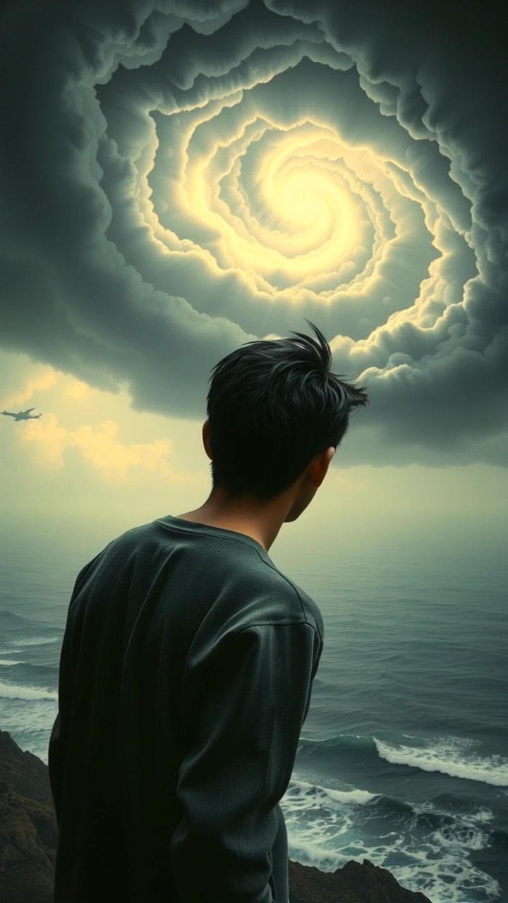 Scene: A solitary figure standing on a rocky cliff, gazing out at a turbulent ocean under a swirling stormy sky, lost in thought. Style: Dramatic lighting with dark, brooding clouds contrasting with the foaming waves below, creating an intense atmosphere. Motion: The camera slowly pans out to capture the full scope of the stormy seascape, heightening the sense of isolation and contemplation.