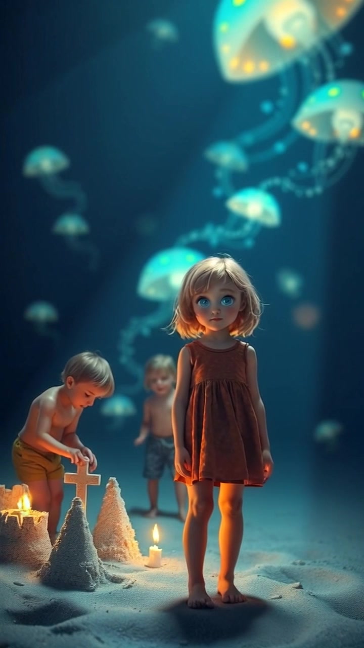 Subject: A young girl named Lilly standing apart from other children building sandcastles. Subject movement: Lilly gazes dreamily at the ocean, her feet gently shifting in the sand as she sways slightly. Scene: A picturesque beach with soft, golden sand and gentle waves lapping at the shore, dotted with other children engrossed in their sandcastle creations. Style: Warm, late afternoon sunlight illuminating the scene, casting soft shadows on the sand. Motion: Camera slowly pushes in on Lilly from a distance, capturing her contemplative expression, then tilting down to reveal the mesmerizing ocean waves and the cloud-studded sky.