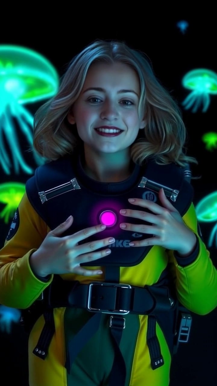 Subject: A joyful Lilly holding a child-sized diving suit with a big smile. Subject movement: Lilly joyfully raises the diving suit as sunlight gleams off its surface. Scene: A bright, cheerful outdoor setting on a sunny day, surrounded by vibrant greenery. Lighting: Afternoon sun casting warm, inviting light, enhancing the cheerful atmosphere. Motion: The camera gently pushes in on Lilly as she playfully twirls the diving suit, capturing the excitement in her expression.