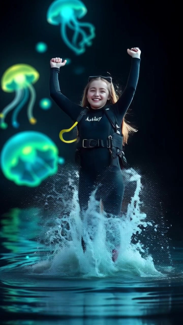 Subject: A young girl in a colorful diving suit. Subject movement: She joyfully leaps into the air at the water's edge, arms raised with excitement. Scene: A bright beach setting with clear blue water and golden sand. Style: Vibrant, sunny lighting creating a cheerful atmosphere. Motion: The camera performs a dynamic dolly-in shot, capturing her jump from a low angle as water splashes around her, emphasizing the thrill of the moment.