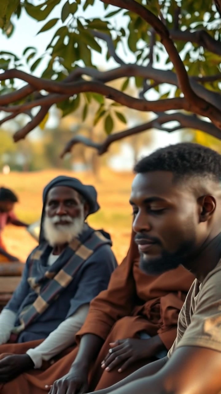 Scene: A peaceful village setting on a tranquil afternoon, with elders sitting under a large tree, observing the surroundings with serene expressions. Style: Soft, natural lighting that casts gentle shadows beneath the tree, enhancing the warmth of the scene. Motion: Camera slowly pans across the gathering of elders, capturing their relaxed demeanor and the rustling leaves, before focusing on the lively activity of Kofi in the background.