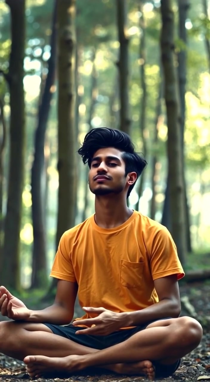 Sunlight gently filters through the trees as the man breathes deeply in a serene meditative pose.