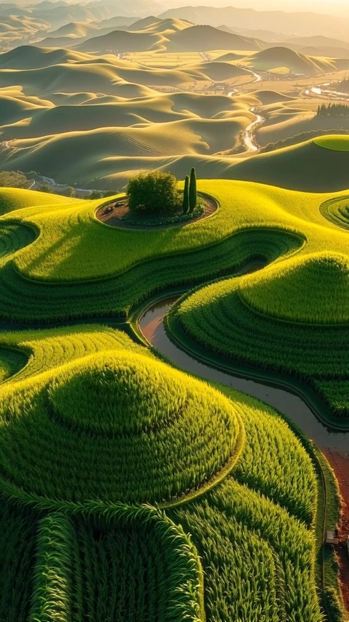 Golden Hour Serenity Over Rice Fields in Indonesia