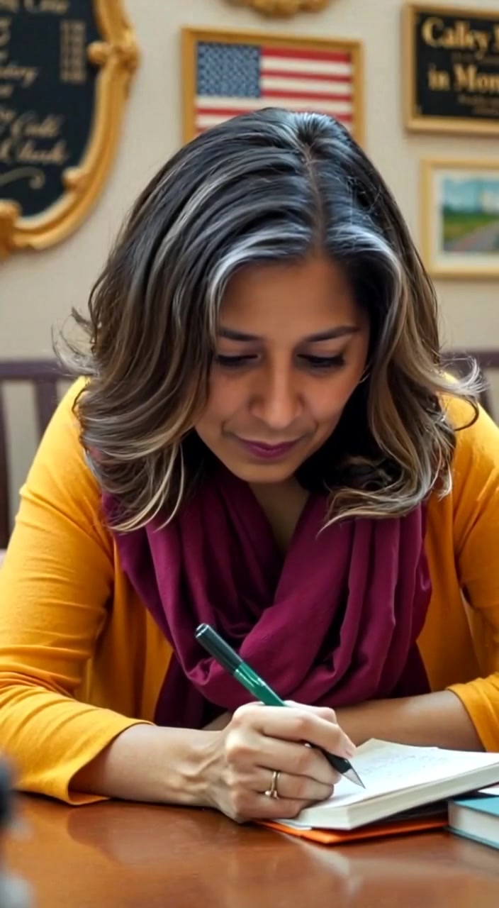 The woman writes notes intently, her brown hair gently swaying as she leans over the desk.