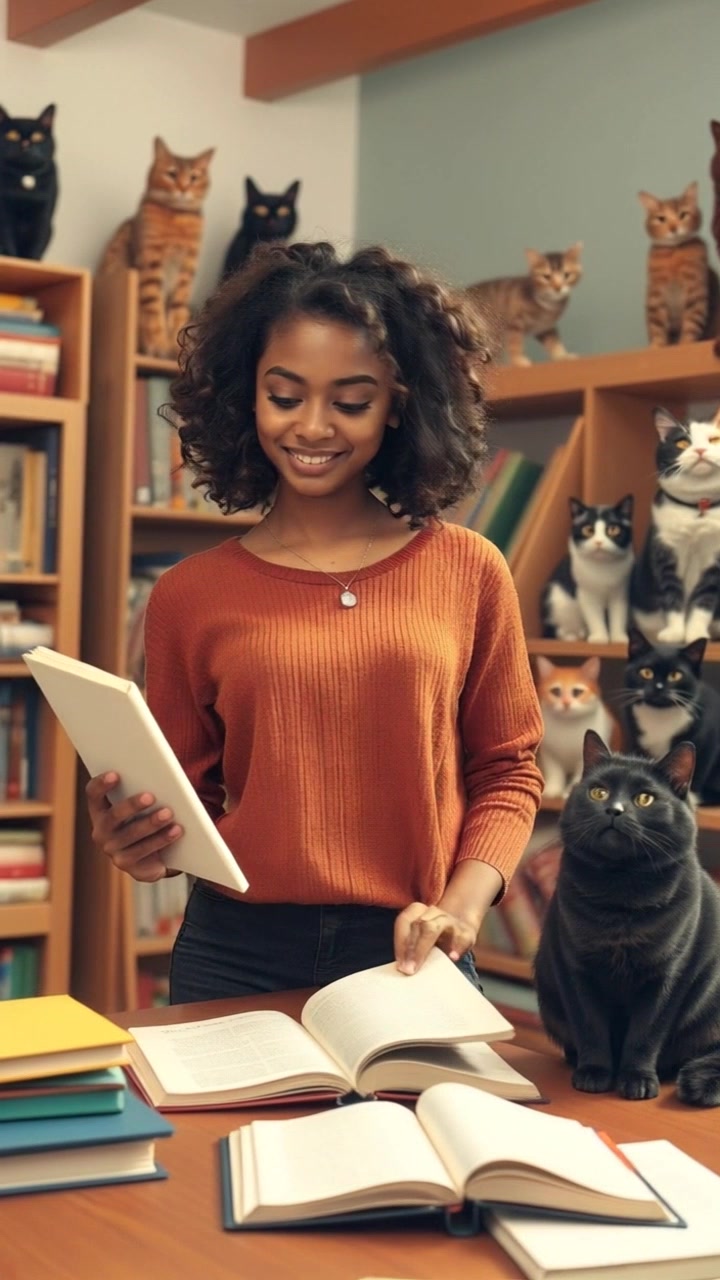 Priya stands at her desk in a cozy room, surrounded by books and study materials.