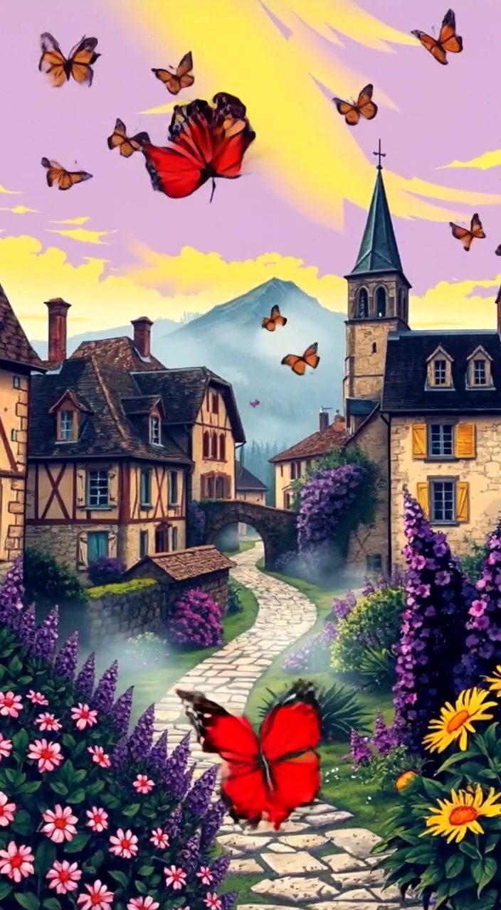 Colorful butterflies gently flutter around blooming flowers in a quaint village under a clear blue sky.