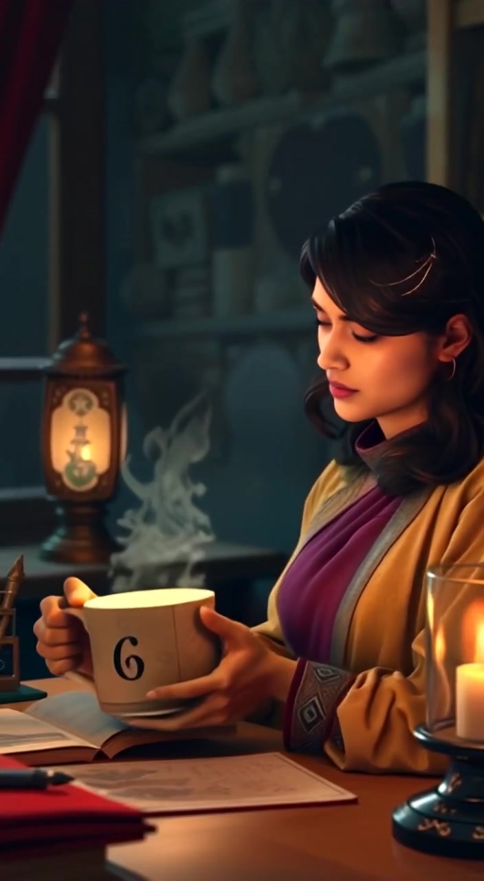 The woman gently reaches out to touch the softly glowing magic mug on her desk.