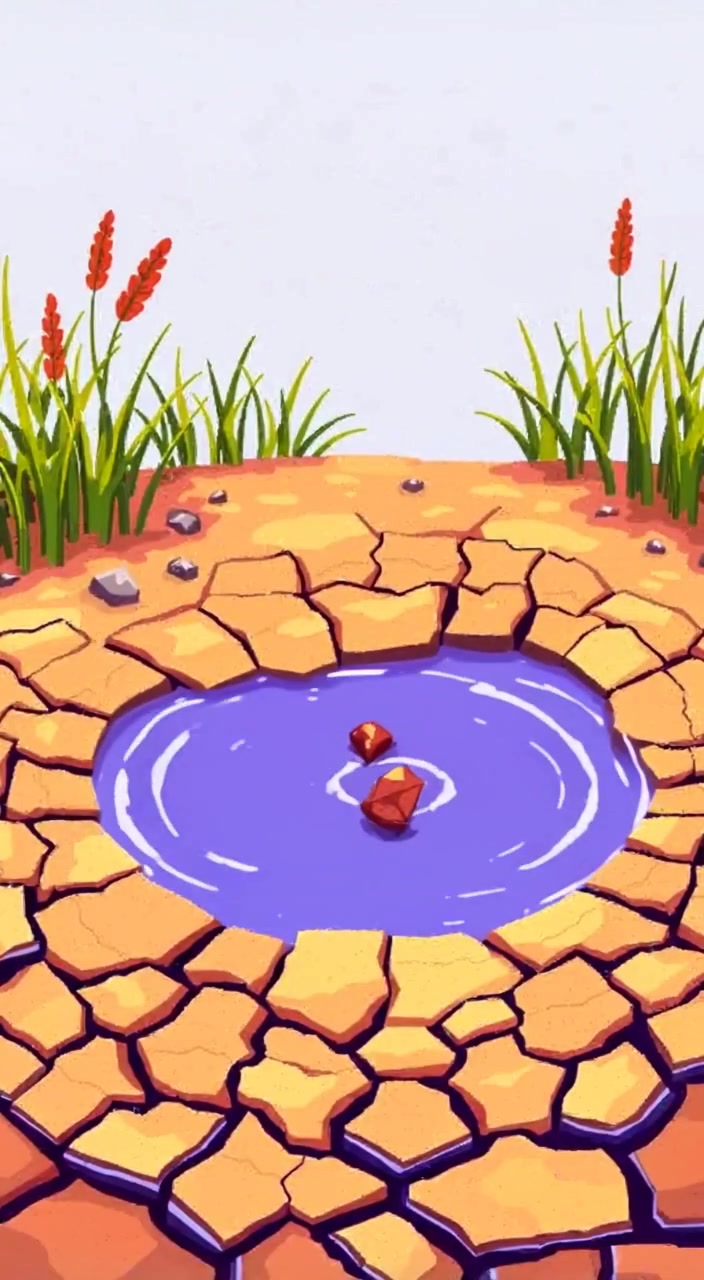 Gentle wind sways tall grass around a dry pond, while sunlight casts shadows on the cracked earth.