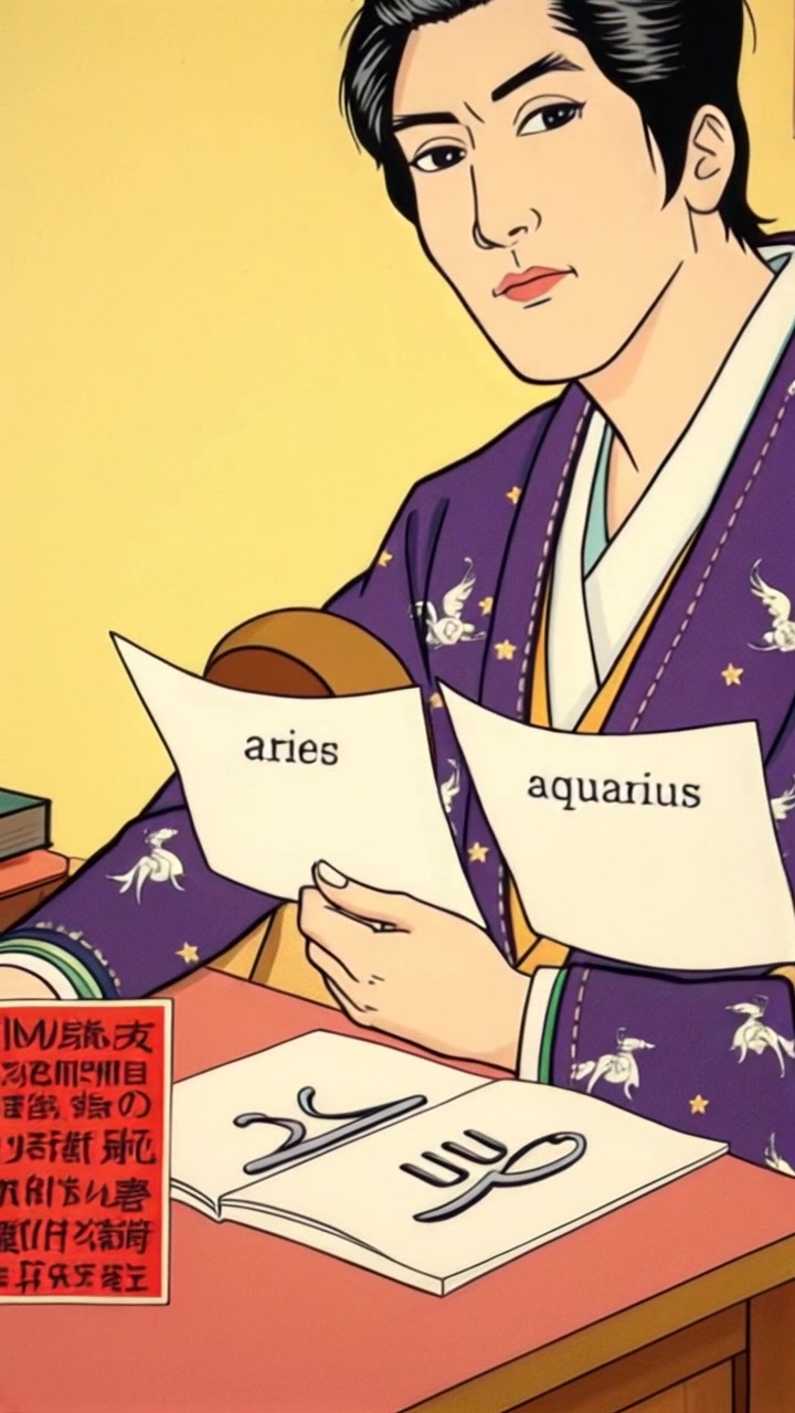 Scene: A cozy indoor setting with a wooden table, where two horoscopes labeled 'Aries' and 'Aquarius' are prominently displayed. Style: Warm, ambient lighting creating an inviting atmosphere. Motion: The camera slowly pushes in on the table, bringing the horoscopes into sharp focus while gently revealing the comfortable surroundings.