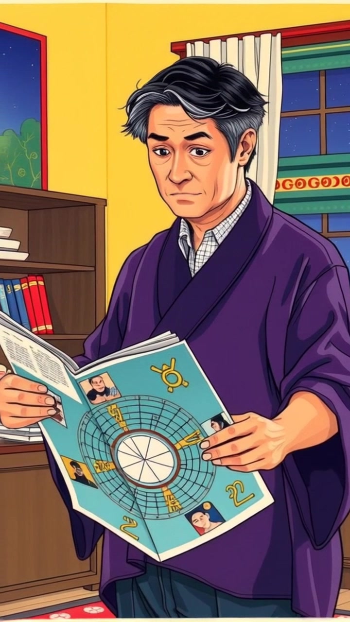 Subject: A middle-aged man stands in his living room, looking at a horoscope magazine with a puzzled expression. Subject movement: He shifts his gaze from the magazine to a nearby window, his brow furrowing in curiosity. Scene: Cozy living room filled with personal touches and soft furnishings, with warm, inviting lighting. Motion: The camera performs a smooth dolly in towards the man, enhancing the sense of intrigue as he contemplates the magazine, while soft shadows play across the room, creating a relaxed atmosphere.