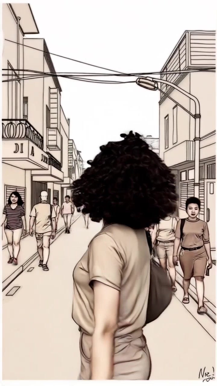 Subject: A young woman with curly hair, smiling brightly as she explores a bustling street in Lagos, Nigeria. Subject movement: She walks joyfully through the crowd, engaging with her surroundings. Scene: Vibrant street scene filled with colorful market stalls, lively pedestrians, and street vendors. Style: Warm, sunny daylight accentuating the lively atmosphere. Motion: Camera tracks alongside her in a dynamic handheld style, capturing the energy of the street while maintaining focus on her infectious smile.