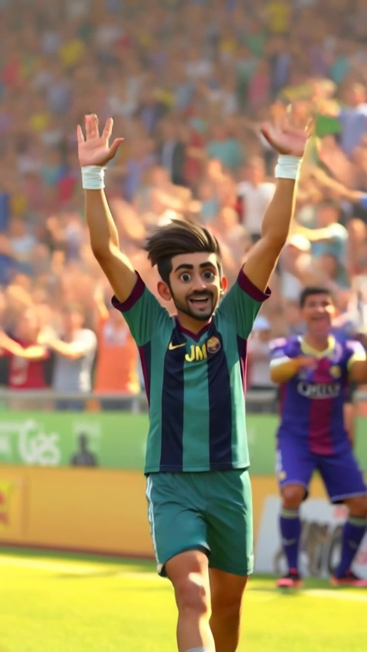 Subject: A cheerful character celebrating with arms raised in triumph after scoring a goal. Subject movement: The character jumps joyfully, exuding happiness and excitement. Scene: A vibrant stadium filled with an ecstatic crowd, waving flags and cheering passionately. Style: Bright, dynamic lighting emphasizing the celebratory atmosphere. Motion: The camera performs a wide sweeping shot from the crowd to the character, capturing the energy of the moment.