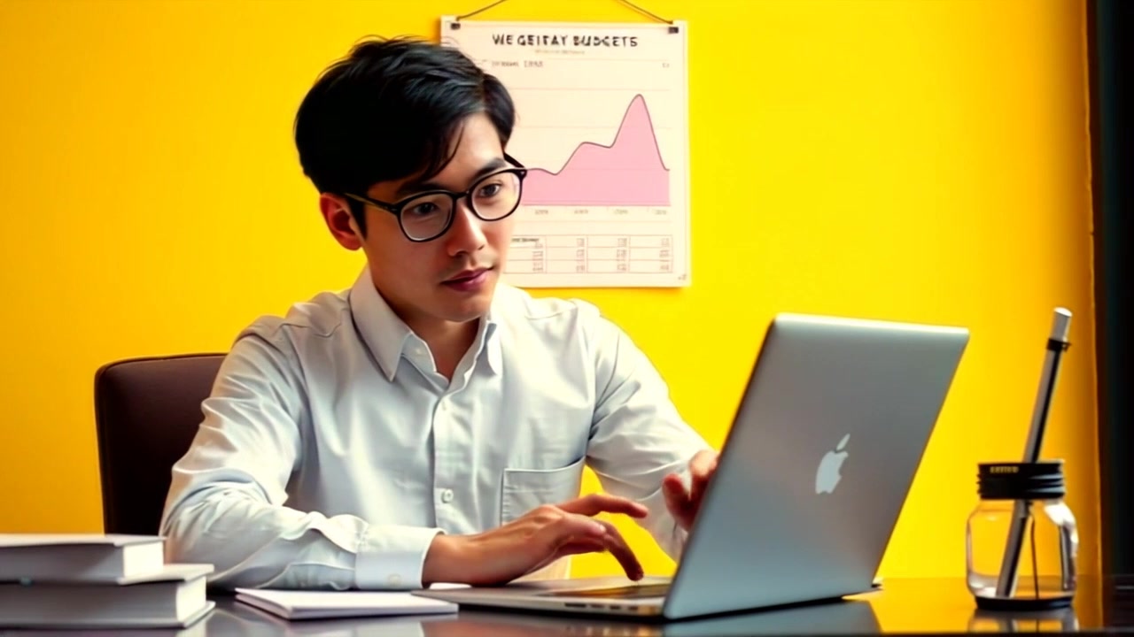 Subject: An economist attentively analyzing budgets on a laptop. Subject movement: The economist gestures with one hand, drawing charts and graphs in the air while glancing at the screen. Scene: A modern office setting with daylight streaming through large windows, filled with bookshelves and financial reports scattered on the desk. Style: Bright, natural lighting highlighting the vibrant colors of the graphs on the laptop screen. Motion: The camera pushes in for a close-up of the laptop screen, then pans to the economist’s focused expression, capturing the intensity of their analysis.