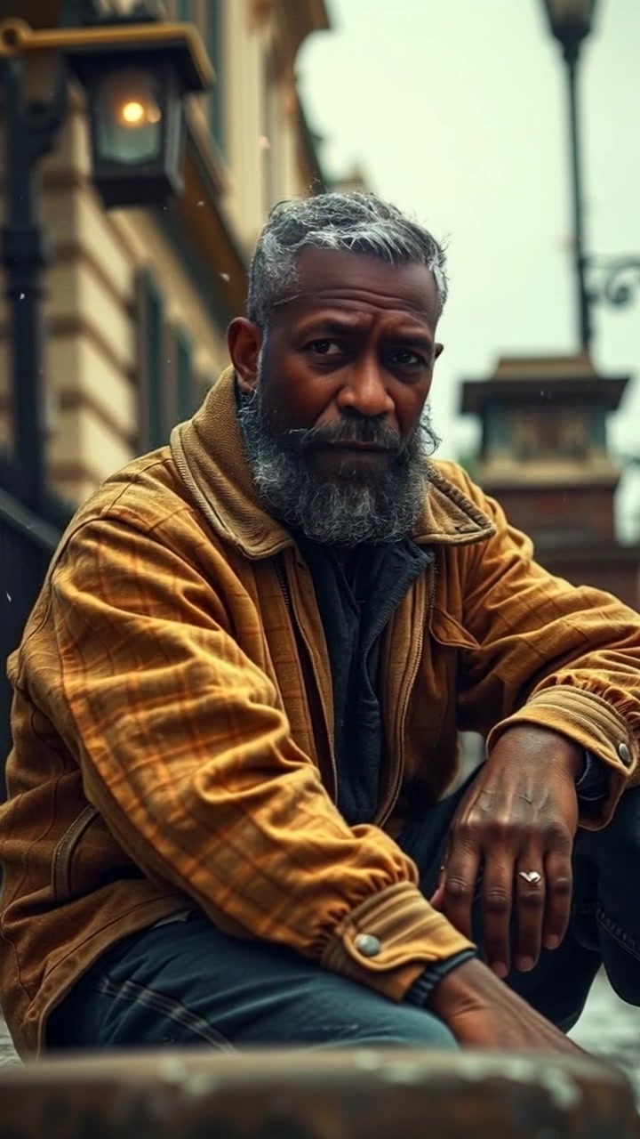 Scene: A close-up of a weary figure sitting on a curb, dressed in ragged clothing as gentle snowflakes fall around him. Style: Soft, diffused lighting enhancing the serene, cold atmosphere of the snowy environment. Motion: Camera slowly pushes in to capture the details of the figure's expression, while the snowflakes drift gracefully down, creating a hauntingly beautiful ambience.