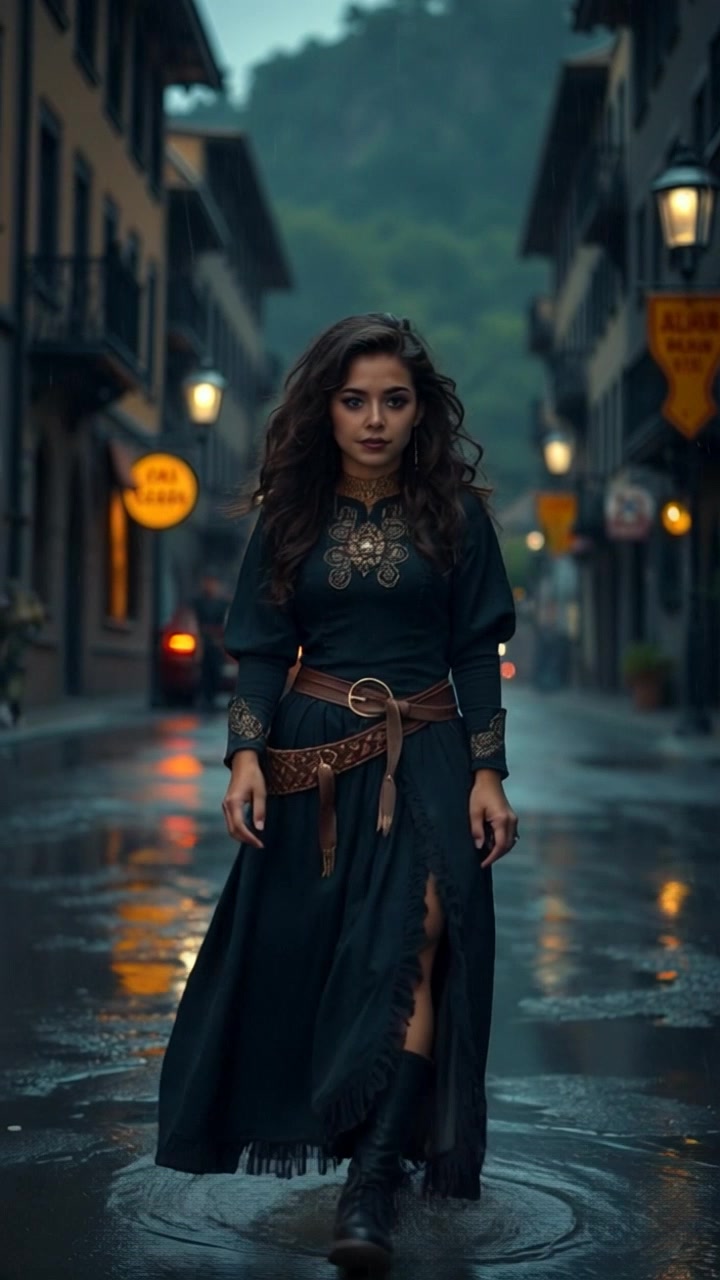 Subject: Avelyn walking alone. Subject movement: She walks steadily along the rain-soaked street, splashing through puddles that mirror the vibrant street lights. Scene: Eldhollow's dimly lit street, glistening with rain, lined with quaint buildings. Lighting: Soft, ambient light reflecting off the wet surfaces creates a moody atmosphere. Motion: The camera follows Avelyn from behind, capturing her silhouette against the luminous reflections, while gently panning to reveal the scenic surroundings.
