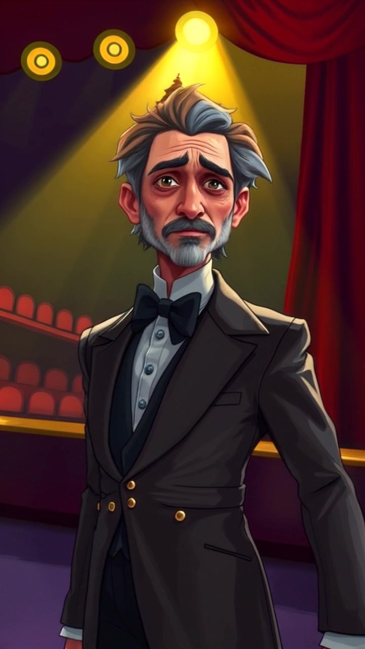 Rajkumar stands confidently on a theater stage, dressed in elegant attire, with stage lights illuminating him. Slowly pan around Rajkumar, capturing his poised demeanor as he commands the audience's attention. The camera slowly zooms in towards his face, emphasizing the intensity of his gaze under the spotlight. Dramatic lighting and a captivating atmosphere enhance the anticipation in the air.