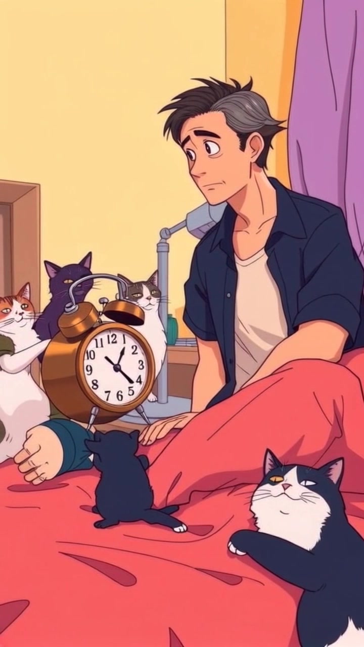 Scene: A man sitting on the edge of his bed, gazing thoughtfully at a vintage alarm clock displaying 5:00 AM. Style: Soft morning light filtering through sheer curtains, creating a serene and contemplative atmosphere. Motion: Camera gently pushes in from a wide angle, focusing on the man and the clock, capturing the stillness of the moment before the day begins.