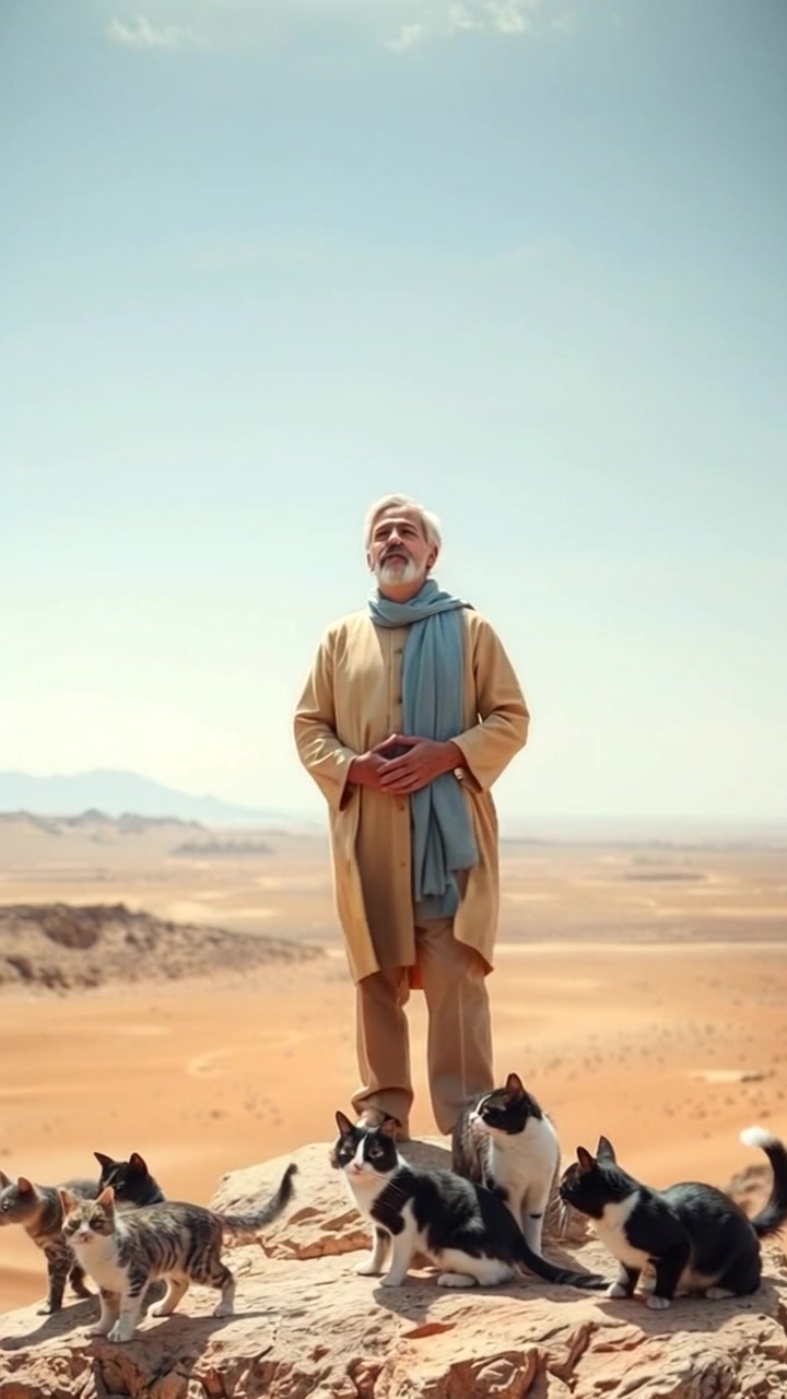 Abraham standing on a mountain top, looking up at the sky with an expression of determination.