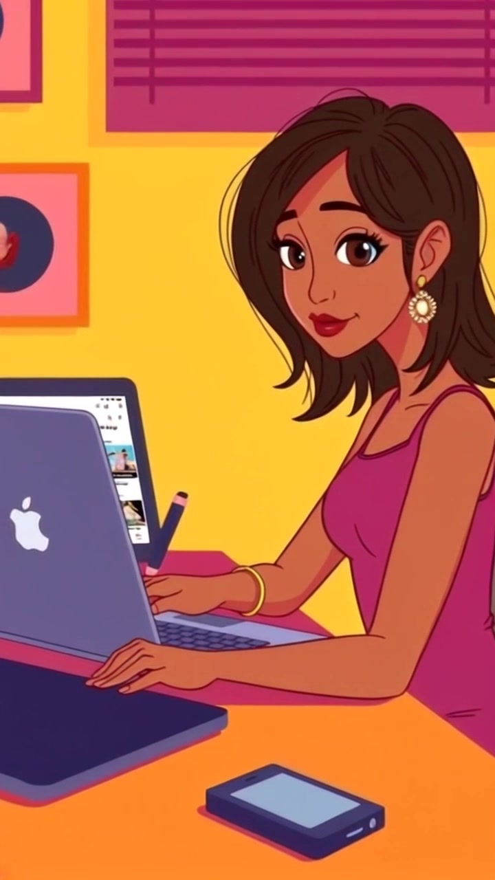 Scene: An organized desk featuring a laptop with Instagram's homepage opened, displaying vibrant video thumbnails. Style: Soft ambient light illuminating the workspace, creating a cozy atmosphere. Motion: Camera slowly pushes in towards the laptop screen, focusing on the thumbnails as they flicker slightly, drawing viewers into the dynamic visual content.