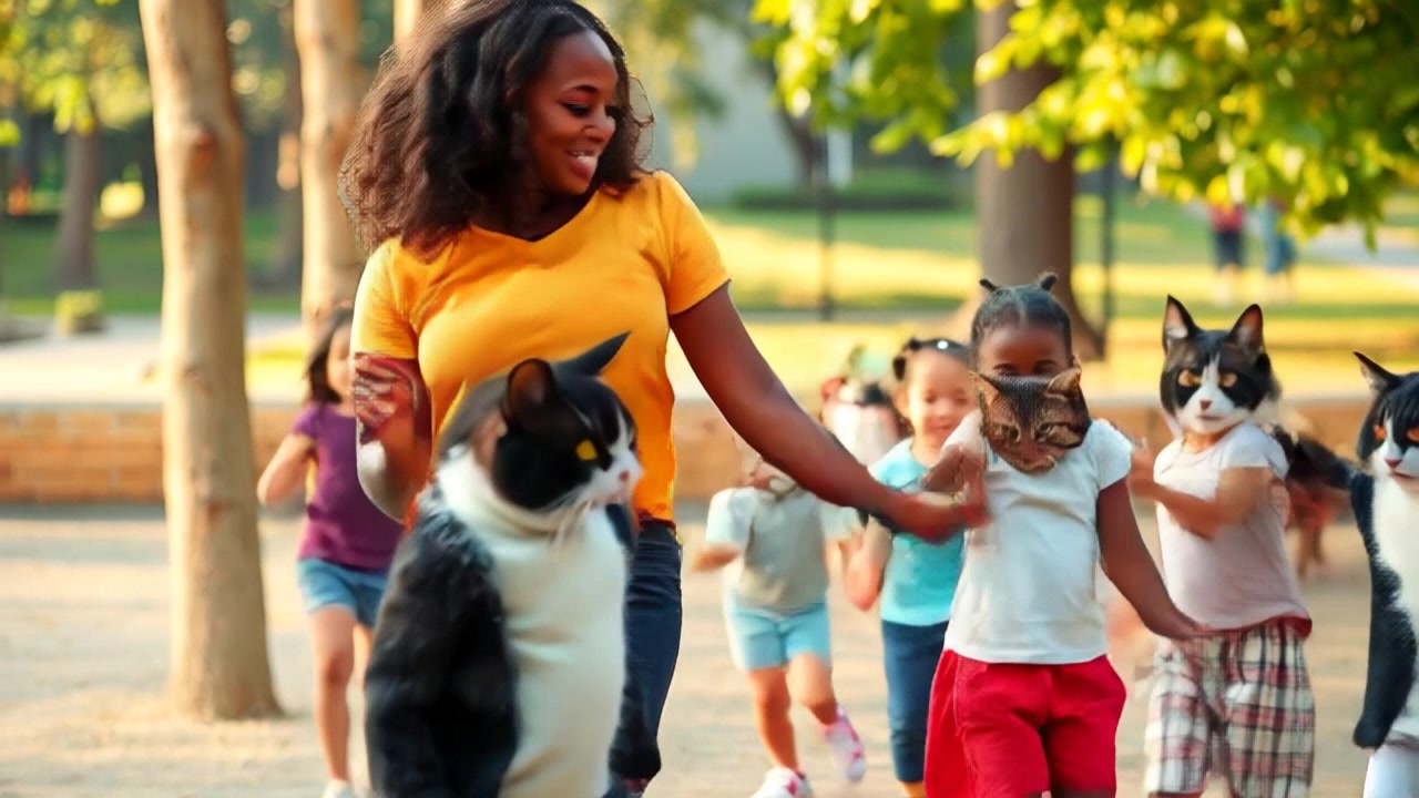 Subject: A cheerful girl skipping joyfully, leading a group of children in a game. Subject movement: The girl hops energetically through a sunny park, encouraging the others to follow her playful rhythm. Scene: Lavish green grass under a bright blue sky, dotted with colorful flowers and vibrant trees in the background. Style: Bright, sunny lighting creating an inviting atmosphere. Motion: Camera follows the skipping group with a dynamic tracking shot, smoothly weaving between the children as they laugh and play, capturing their joyful expressions.