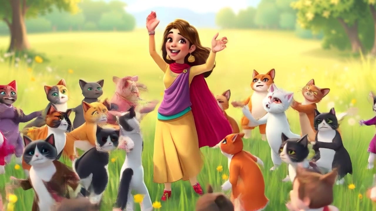 Subject: A Circle Game Leader stands with hands raised, leading children in a joyful dance. Subject movement: The leader sways enthusiastically while the children move playfully in a circle, their smiles radiating joy. Scene: A vibrant, sunlit meadow filled with tall grass and wildflowers, creating a lively atmosphere. Style: Warm, golden sunlight illuminating the scene, enhancing the cheerful mood. Motion: The camera performs a dynamic circling shot around the group, capturing their movement and laughter as they seamlessly spin and twirl together.