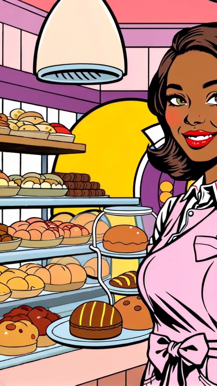 Chinaza in a pastel-colored baker's uniform smiles warmly in a cozy bakery filled with baked goods. Slowly pan around the bakery, focusing on the delicious treats on display. Soft ambient lighting highlights the warmth and inviting atmosphere of the scene.
