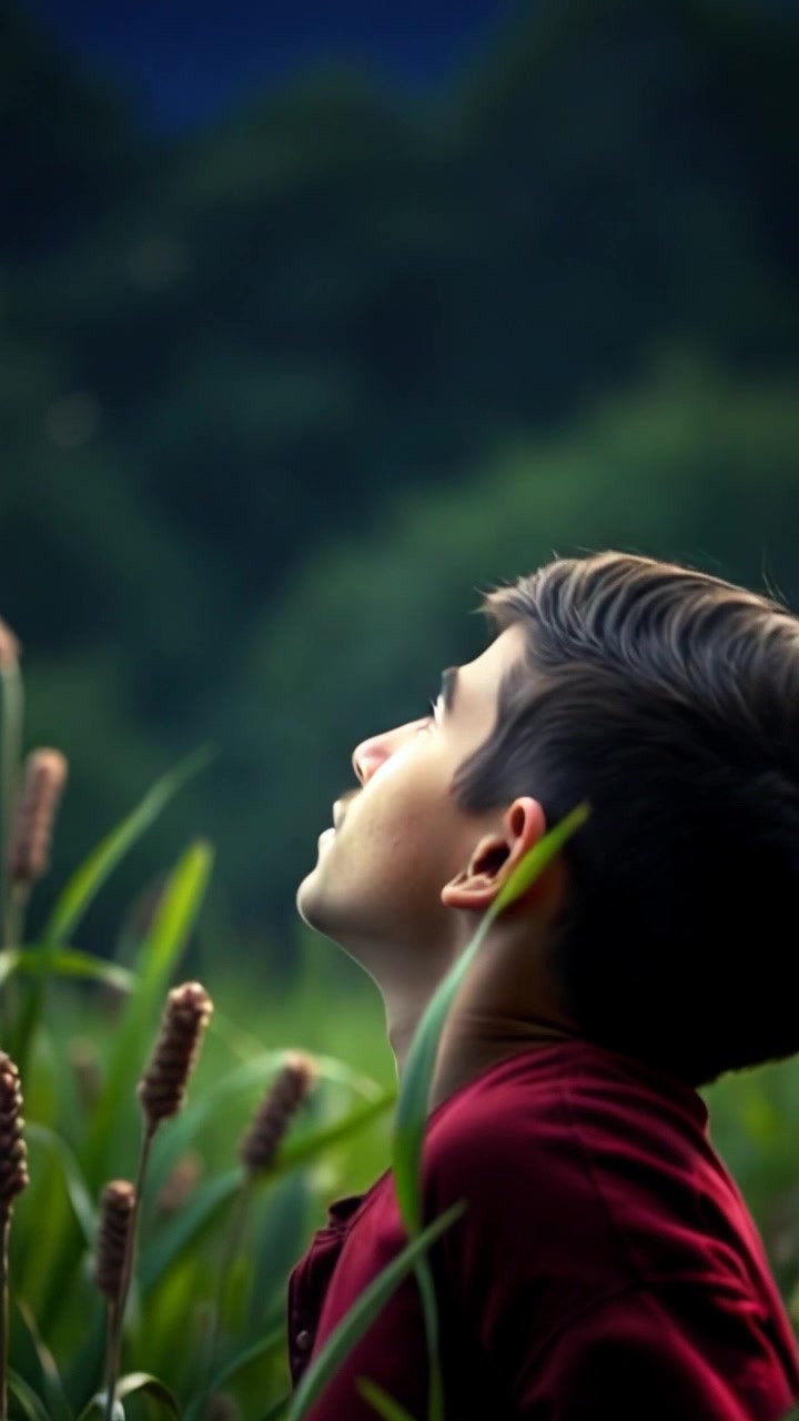 Subject: A young boy gazing up at the stars with a look of wonder in a lush green meadow. Subject movement: The boy shifts slightly as he lies back on the grass, surrounded by a blanket of twinkling stars. Scene: A serene meadow under a clear night sky filled with stars, illuminated by soft ambient moonlight. Motion: The camera pans slowly upwards from the boy's face to the vast sky, creating a sense of awe and connection to the universe.