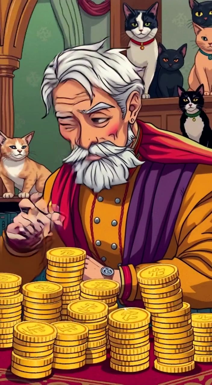 The man reaches out, gently brushing his fingers over the shimmering gold coins, a look of desire on his face.