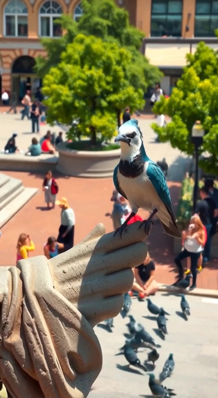Percy perched on a statue in the city square, surrounded by a flock of pigeons pecking the ground.