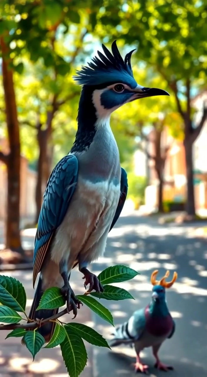 Percy, the small bird with bright blue and white feathers, perches on a branch in a green tree.