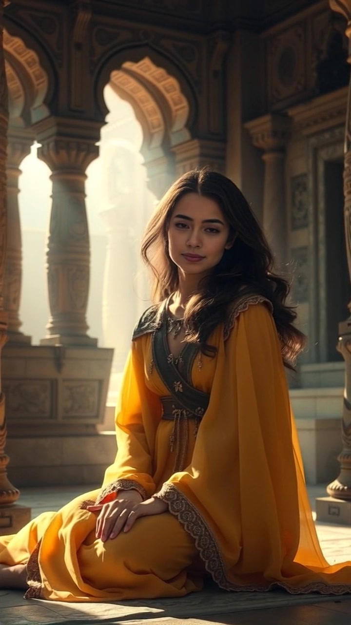 Scene: Princess Amara sitting gracefully in an ancient temple, surrounded by soft light filtering through stone carvings, creating an ethereal ambiance. Style: Warm, ambient lighting that highlights the intricate details of the carvings and enhances the serene atmosphere. Motion: Camera slowly pushes in towards Amara, capturing her tranquil expression and the ethereal glow of the temple.
