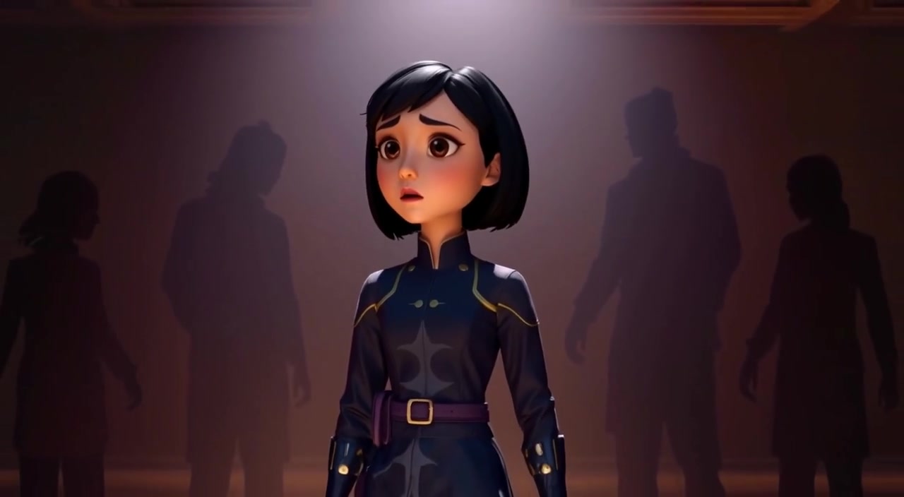 The woman slowly turns her head, scanning the shadowy silhouettes in the dimly lit room with a distressed expression.