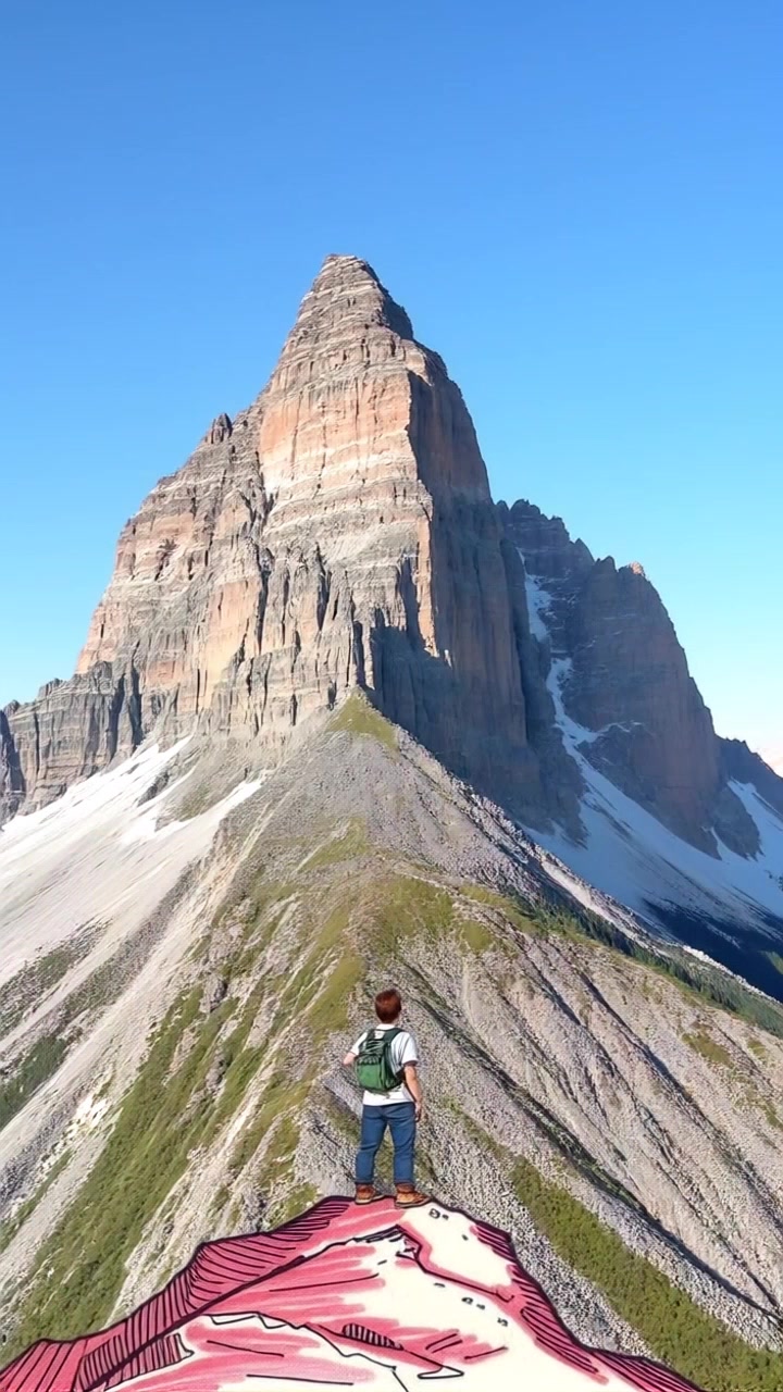 Subject: A determined young man standing at the base of a steep mountain, gazing up towards the peak. Subject movement: He shifts his weight from one foot to another, building anticipation. Scene: A breathtaking mountain landscape with rocky terrain and a clear blue sky in the background. Style: Bright, midday sunlight illuminating the rugged mountain texture. Motion: The camera slowly tilts upward from the subject to reveal the towering peak above, accentuating the height and challenge he faces.
