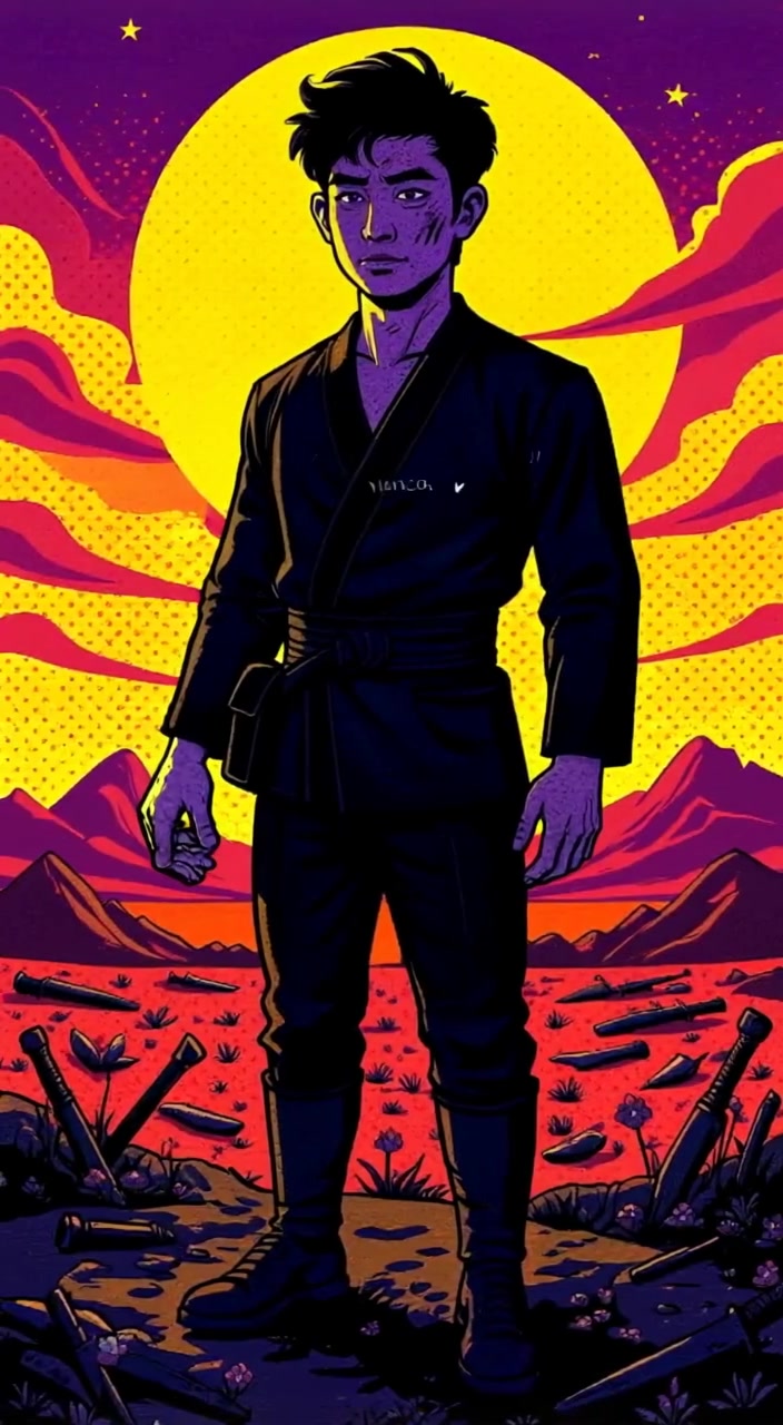 The warrior gazes thoughtfully over the battlefield, as a gentle breeze rustles the fallen armor around him.