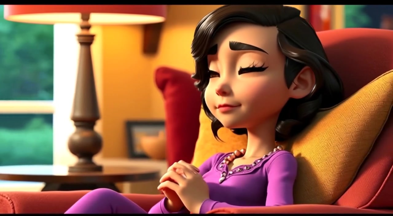 The woman gazes out the window, her hands gently tapping on the arms of the cozy chair.