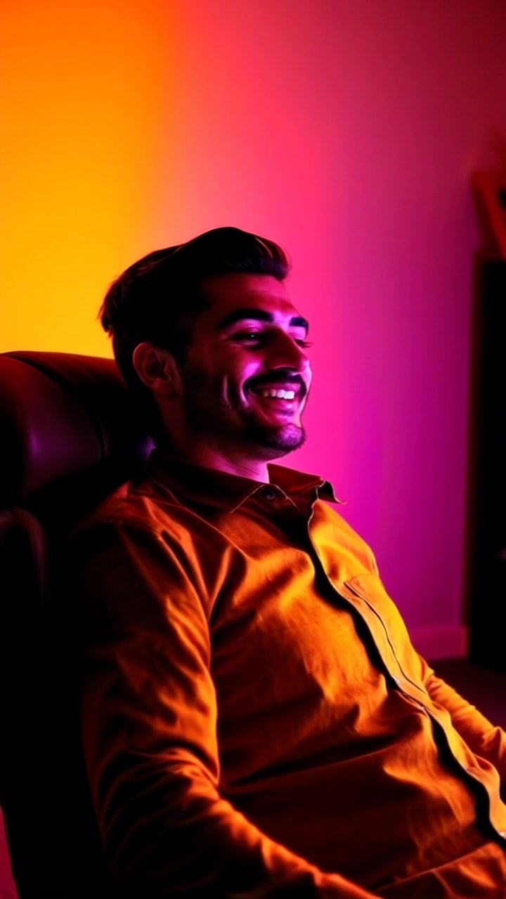 Subject: A young man leaning back in his chair with a flirtatious grin. Subject movement: He shifts his weight slightly, playfully engaging with the screen in front of him. Scene: Cozy, well-lit home office with warm tones and personal decorations in the background. Lighting: Soft, ambient lighting creates an inviting atmosphere. Motion: The camera slowly pushes in on him, capturing the dynamic of his expression and the energy of the conversation.