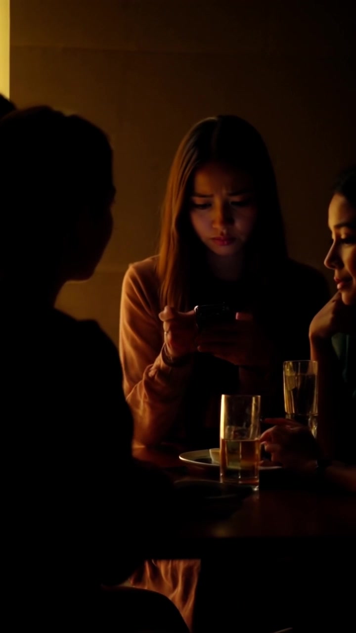 Subject: A young woman with a worried expression. Subject movement: She shifts her gaze from her friends to her phone, showing concern. Scene: A cozy café setting with warm lighting, friends seated around a small table, immersed in conversation. Style: Soft, ambient lighting creates an inviting atmosphere. Motion: The camera performs a smooth, handheld tracking shot around the table, capturing the reactions of all friends as they notice her concern.