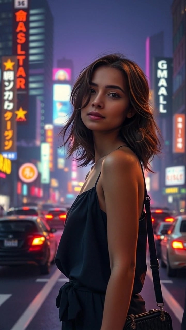 Subject (Maria with Build, Clothing, Facial features, Posture) + Subject movement (Standing still) + Scene (Busy city street with pedestrians and traffic) + Camera Language (Slow zoom in) + Lighting (Evening golden hour light) + Atmosphere (Contemplative, reflective)