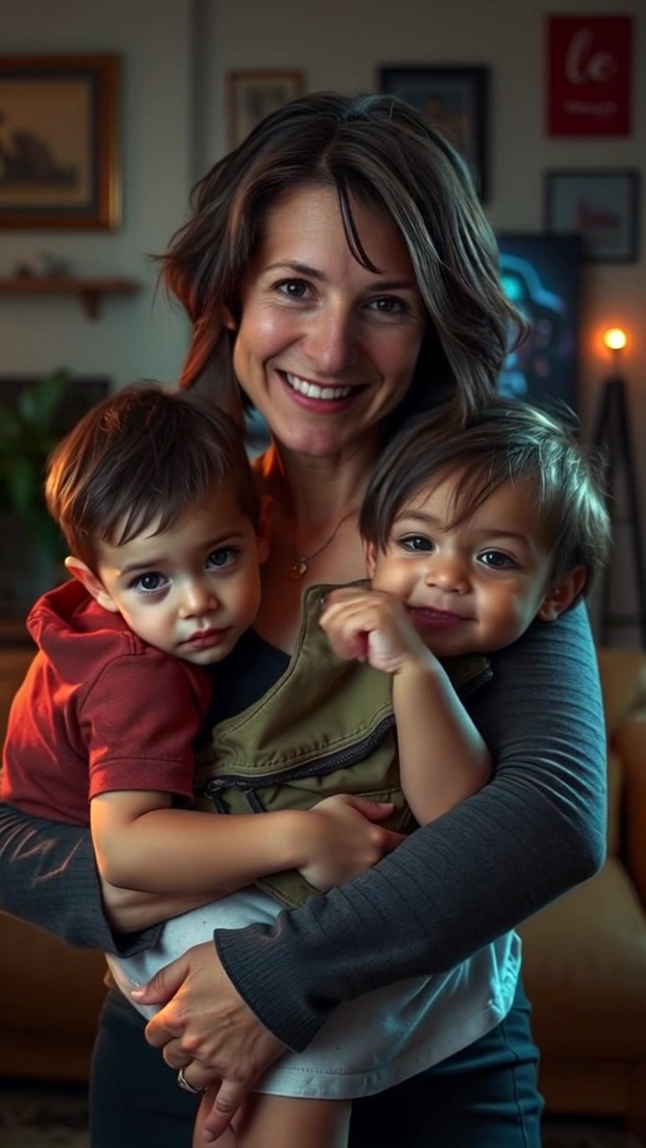 Sarah smiles at the camera, holding her two children in her arms in a cozy living room. Slow zoom in on Sarah's smiling face with a gentle handheld camera movement. Soft ambient lighting enhances the warmth of the family scene.