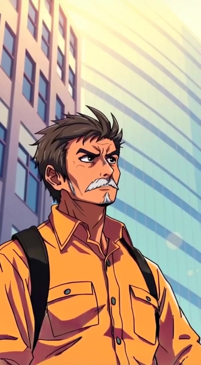 The man gazes upward at towering skyscrapers, determination in his eyes, as a gentle breeze rustles his clothes.