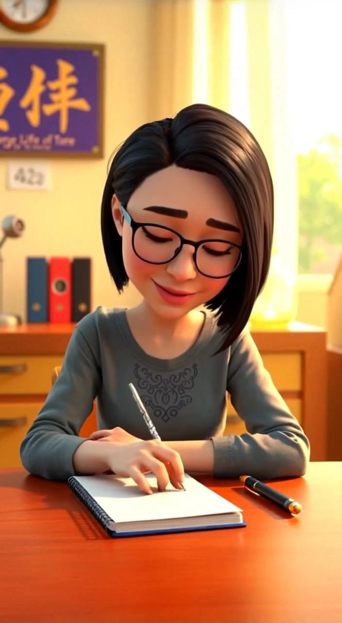 The woman writes thoughtfully in her notebook, reflecting on her experiences as sunlight spills across the table.