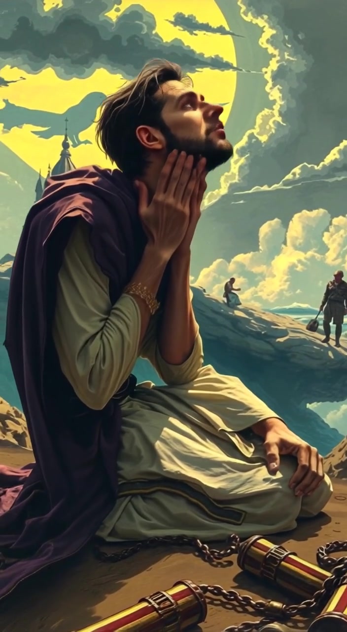 The figure kneels in prayer, their hands clasped tightly, while a gentle breeze stirs the surrounding atmosphere.