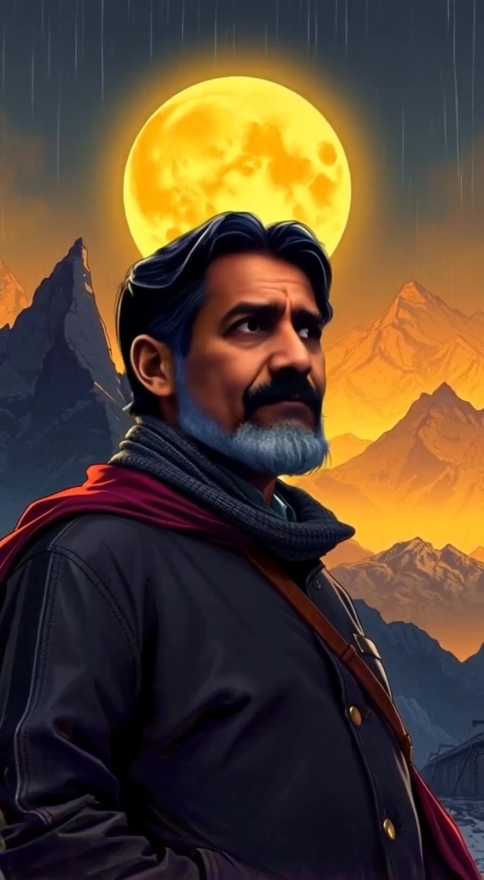 The man gazes thoughtfully at the ethereal landscape, as clouds drift softly across the glowing sky.