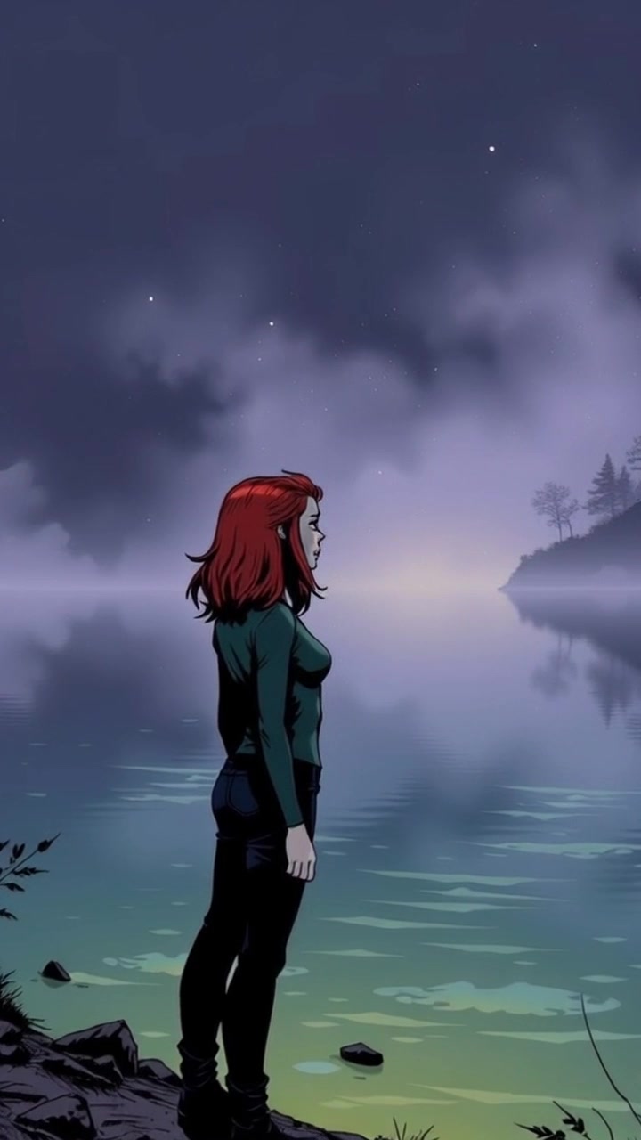 Subject: A contemplative figure standing at the edge of a serene lake. Subject movement: The figure gazes thoughtfully into the water, with a gentle breeze causing ripples across the surface. Scene: Misty lake surrounded by faintly visible trees, evoking a sense of tranquility. Style: Soft, ambient morning light bathing the scene in ethereal tones. Motion: The camera slowly pushes in on the figure, revealing the delicate reflections in the water as the mist swirls gently around them.