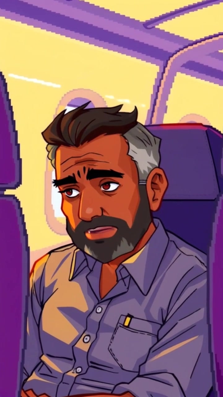 Subject: A man seated on an airplane with a concerned expression. Subject movement: The man glances around anxiously as the airplane begins to shake slightly. Scene: Inside an airplane cabin, with rows of seats and dim overhead lights casting shadows. Style: Ambient lighting with a hint of blue and gray tones conveying tension. Motion: The camera slowly zooms in on the man's face, capturing the subtle changes in his expression, as overhead compartments rattle and passengers react in the background.