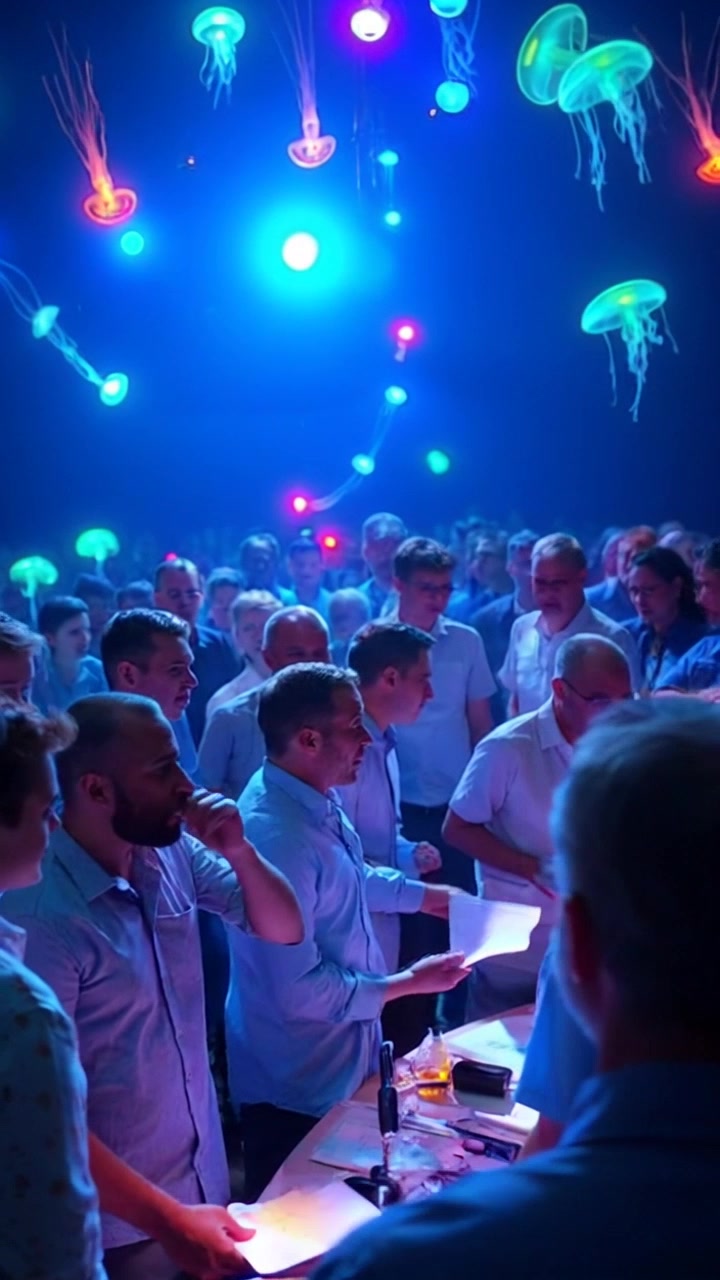 Scene: A crowded press conference filled with scientists animatedly discussing ancient alien technology, papers and microphones scattered across tables. Style: Harsh overhead lighting illuminating the chaos, amplifying the intensity of discussions and reactions in the room. Motion: The camera moves dynamically through the crowd, capturing close-ups of animated expressions and hands gesturing wildly, as it pans around the chaotic environment.